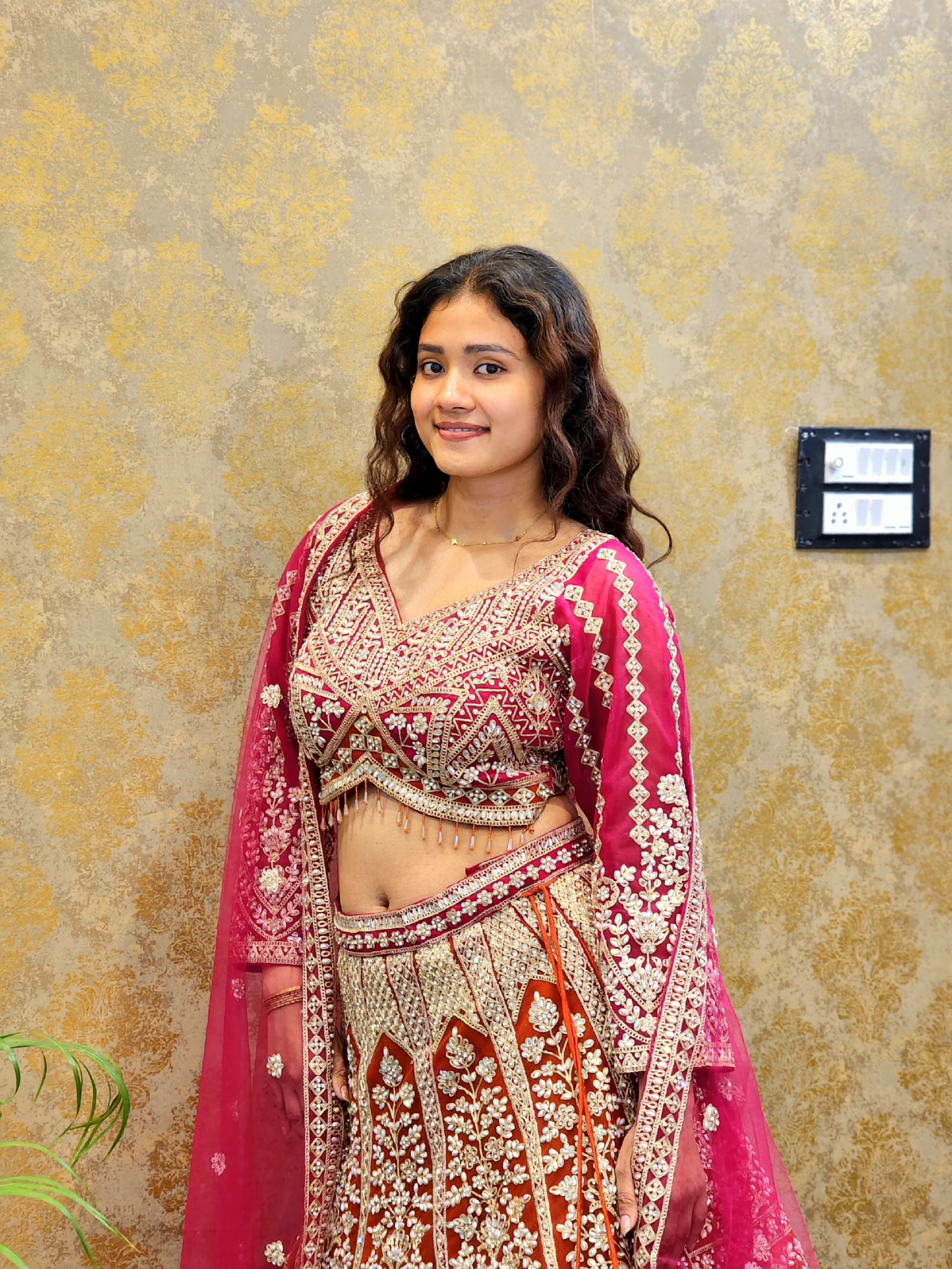 Luxurious Hand-Embellished Festive Lehenga in Red & Gold - View 1